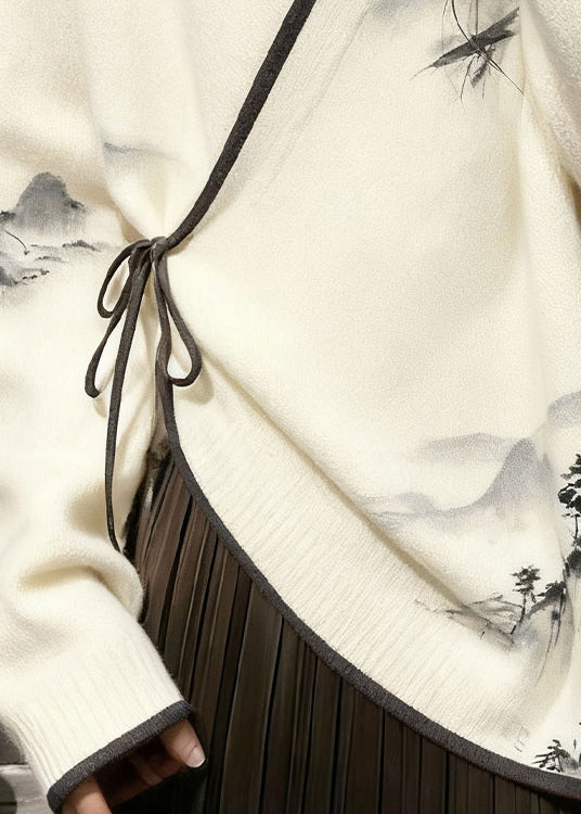 New White V Neck Landscape Painting Lace Up Knit Sweater Spring