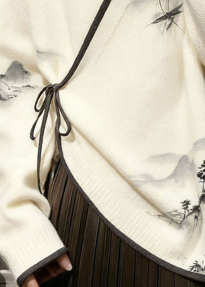 New White V Neck Landscape Painting Lace Up Knit Sweater Spring