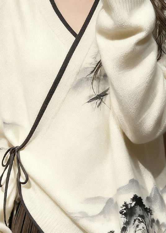 New White V Neck Landscape Painting Lace Up Knit Sweater Spring