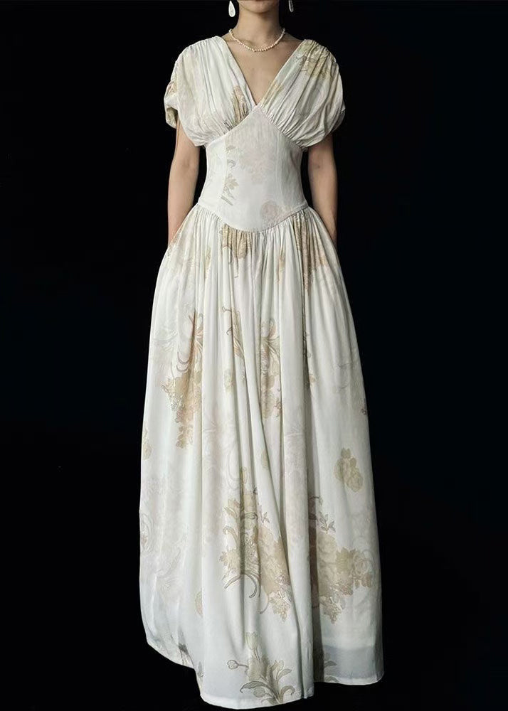 New White V Neck Print Pockets Cotton Maxi Dress Summer