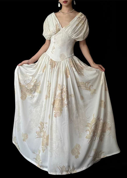 New White V Neck Print Pockets Cotton Maxi Dress Summer