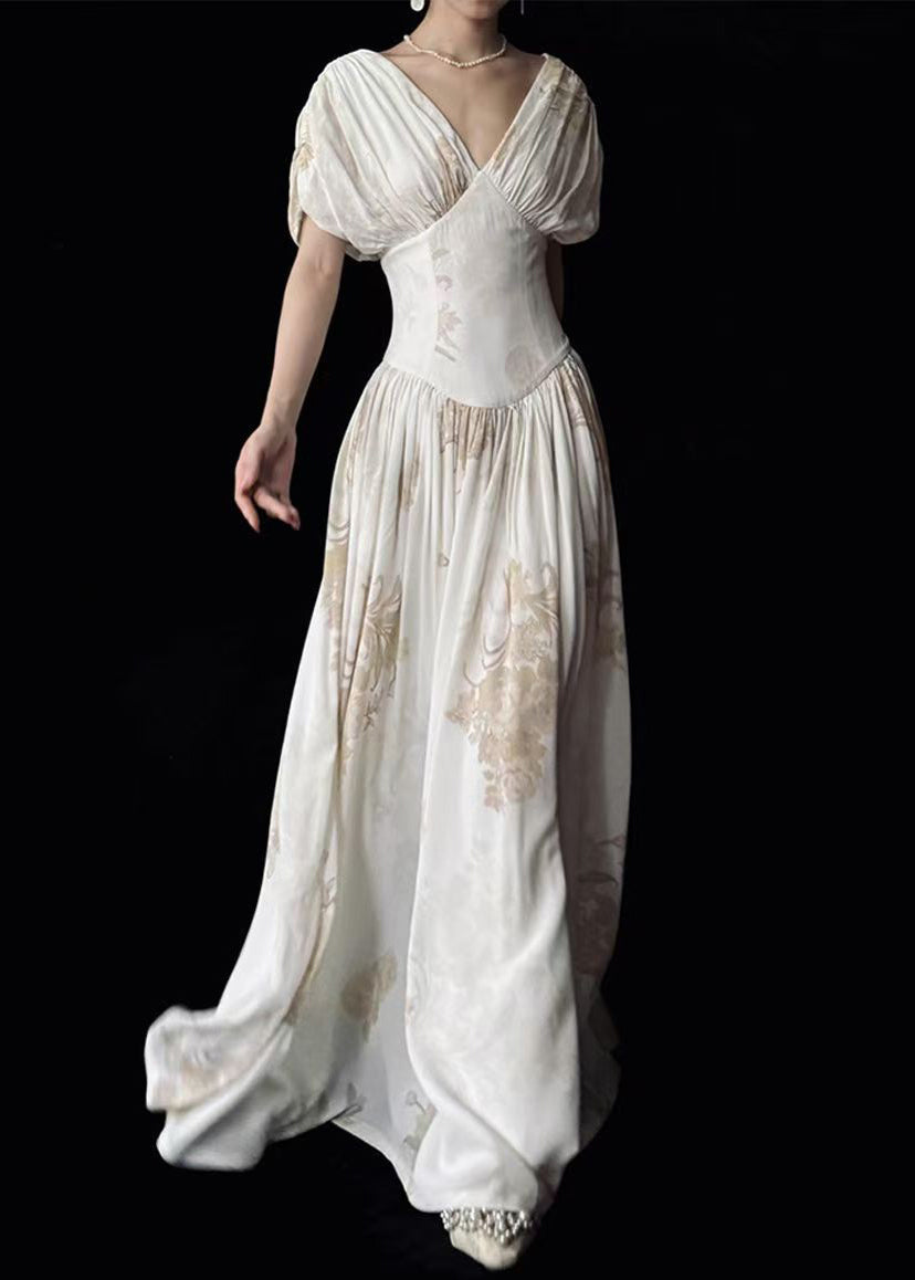 New White V Neck Print Pockets Cotton Maxi Dress Summer