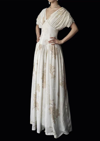 New White V Neck Print Pockets Cotton Maxi Dress Summer