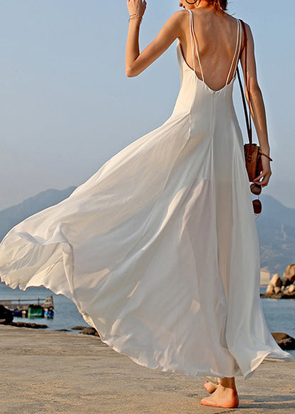 New White V Neck Solid Chiffon Spaghetti Strap Dress Sleeveless