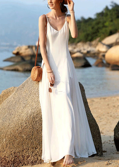 New White V Neck Solid Chiffon Spaghetti Strap Dress Sleeveless