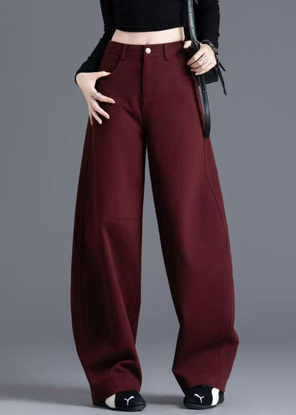 New Wine Red Pockets High Waist Denim Pants Spring