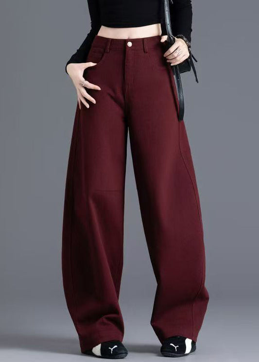 New Wine Red Pockets High Waist Denim Pants Spring