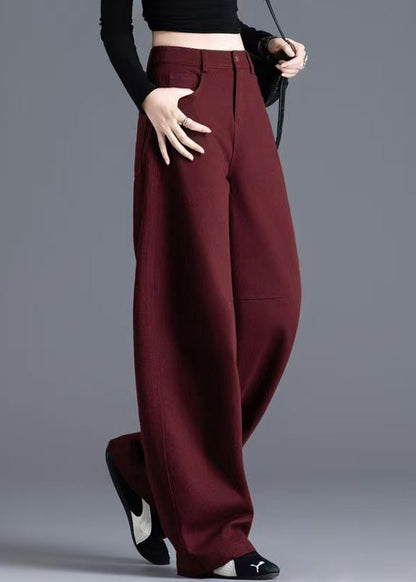 New Wine Red Pockets High Waist Denim Pants Spring