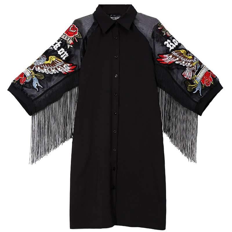 New Woman Plus Size Black Casual Shirt Embroidery Fringe Dress - SooLinen