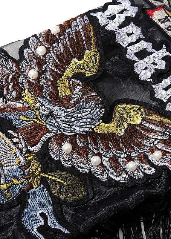 New Woman Plus Size Black Casual Shirt Embroidery Fringe Dress - SooLinen