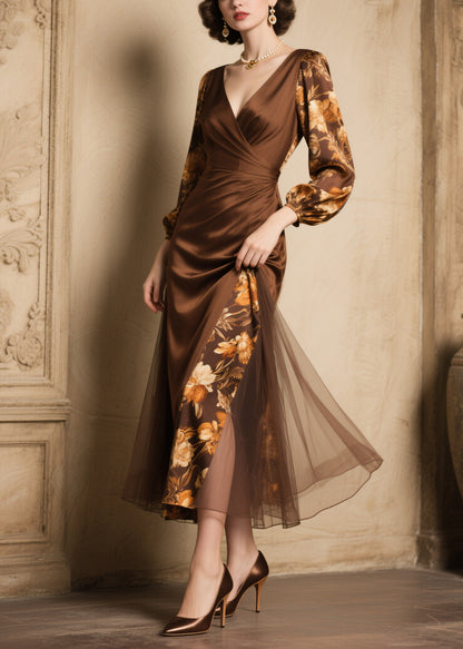 New Women V Neck Print Tulle Patchwork Silk Dress Spring