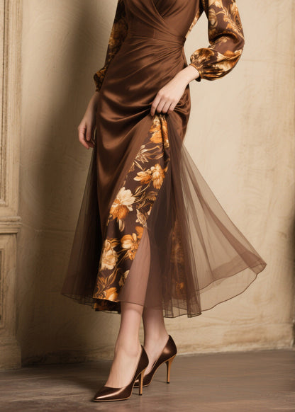 New Women V Neck Print Tulle Patchwork Silk Dress Spring