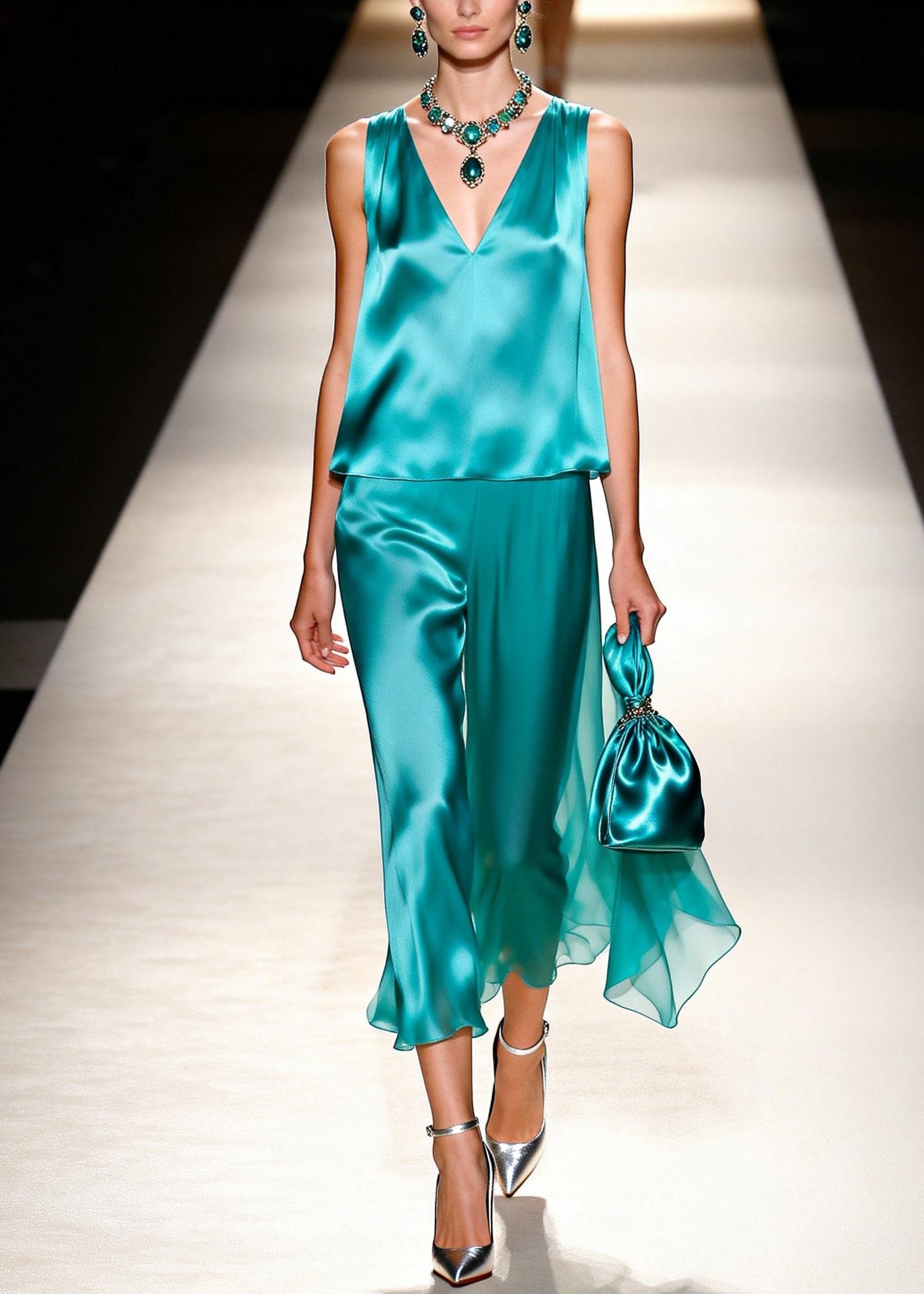 New Women V Neck Tops And Pants Silk Two Pieces Set Sleeveless