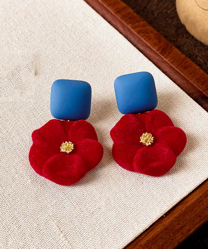 New Year Red Alloy Floral Flocking Stud Earrings