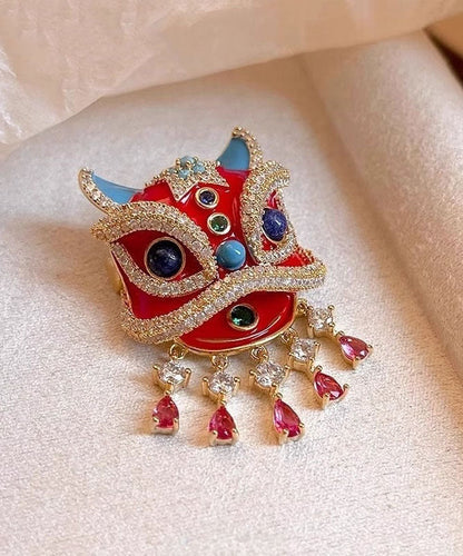New Year Red Copper Alloy Zircon Lion Dance Tassel Brooches