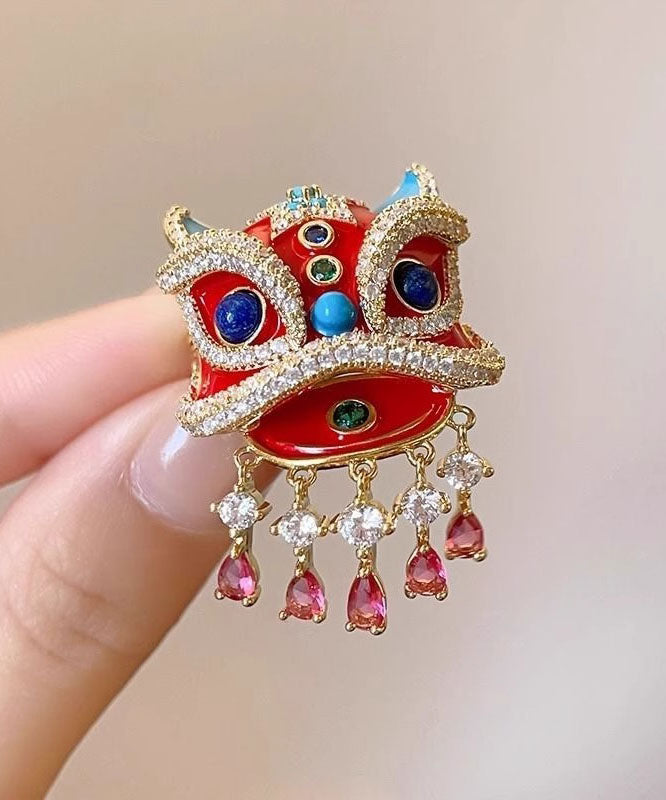 New Year Red Copper Alloy Zircon Lion Dance Tassel Brooches