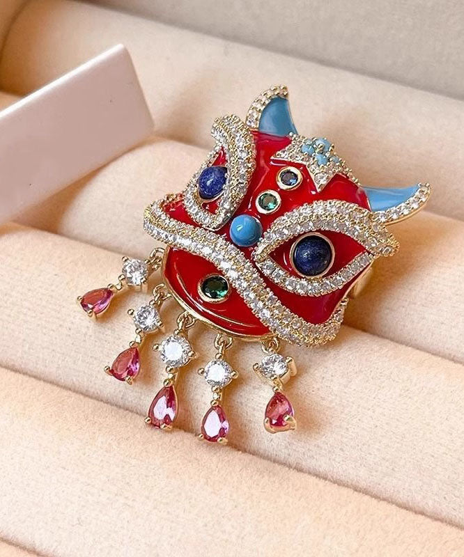 New Year Red Copper Alloy Zircon Lion Dance Tassel Brooches