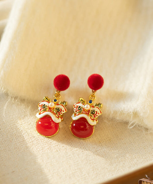 New Year Red Sterling Silver Overgild Lion Dance Drop Earrings