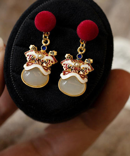 New Year Red Sterling Silver Overgild Lion Dance Drop Earrings