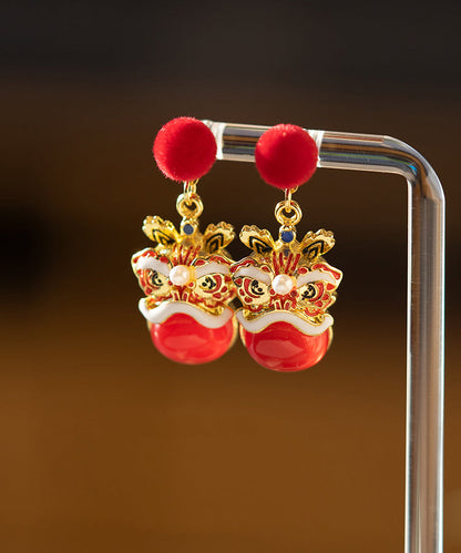 New Year Red Sterling Silver Overgild Lion Dance Drop Earrings