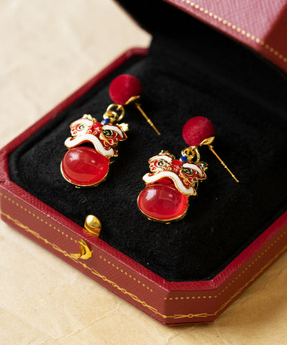 New Year Red Sterling Silver Overgild Lion Dance Drop Earrings