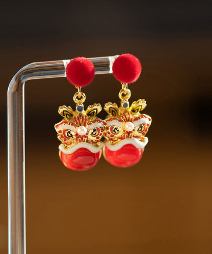 New Year Red Sterling Silver Overgild Lion Dance Drop Earrings