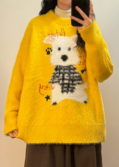 New Yellow Animal Jacquard Mink Hair Knitted Sweater Spring