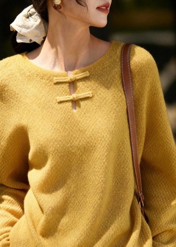 New Yellow Button Thick Cotton Knit Sweater Spring
