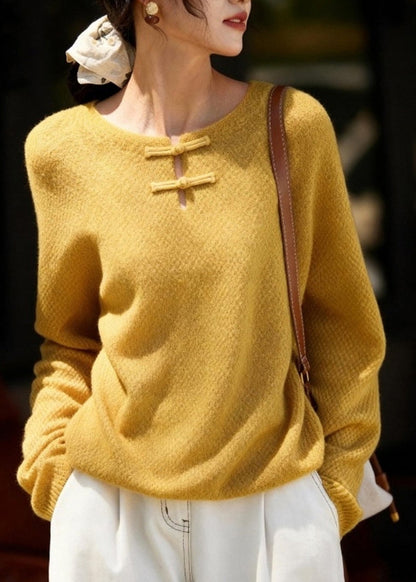 New Yellow Button Thick Cotton Knit Sweater Spring