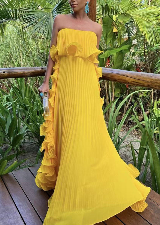 New Yellow Cold Shoulder Wrinkled Solid Chiffon Ankle Dress Sleeveless