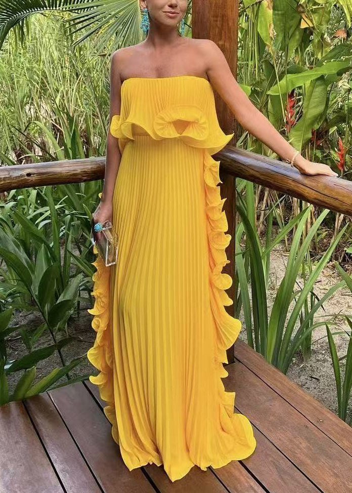 New Yellow Cold Shoulder Wrinkled Solid Chiffon Ankle Dress Sleeveless