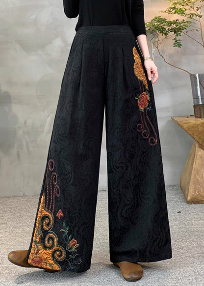 New Yellow Embroidered Pockets Warm Fleece Pants Winter