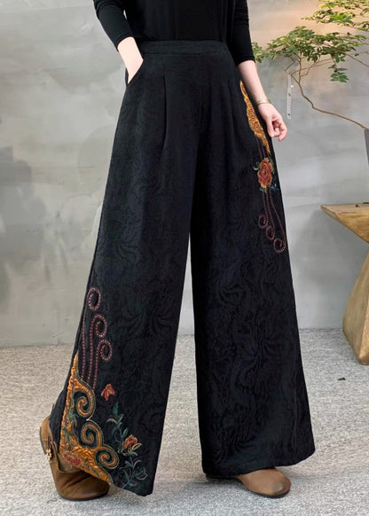 New Yellow Embroidered Pockets Warm Fleece Pants Winter