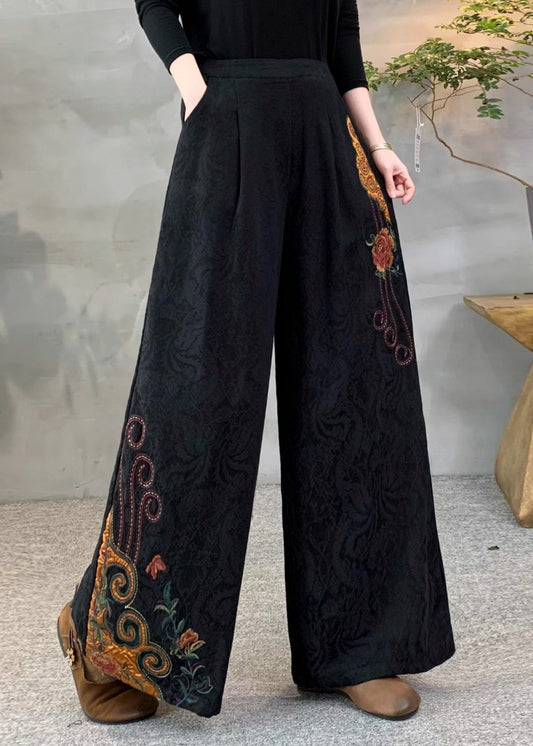 New Yellow Embroidered Pockets Warm Fleece Pants Winter