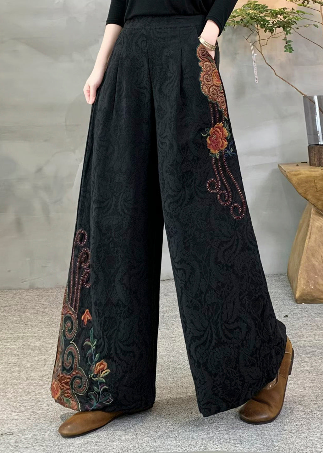 New Yellow Embroidered Pockets Warm Fleece Pants Winter