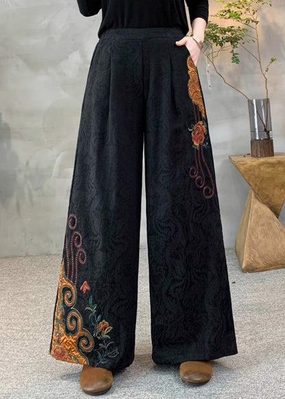 New Yellow Embroidered Pockets Warm Fleece Pants Winter