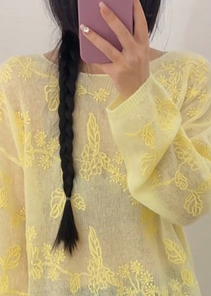 New Yellow Embroidered Thin Knit Sweaters Fall