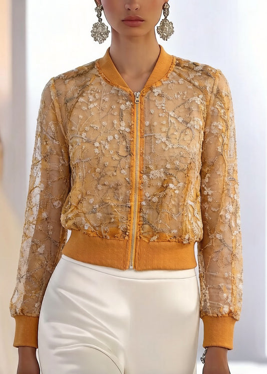 New Yellow Embroideried Zippered Patchwork Silk Thin Coats Long Sleeve