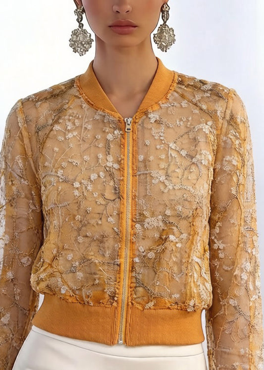 New Yellow Embroideried Zippered Patchwork Silk Thin Coats Long Sleeve