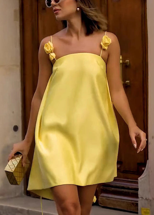 New Yellow Flower Decorated Vacation Women's Dress