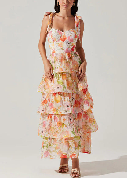 New Yellow Lace Up Print Chiffon Spaghetti Strap Dress Sleeveless