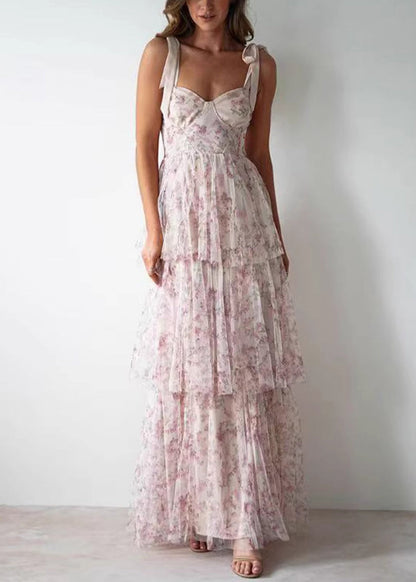 New Yellow Lace Up Print Chiffon Spaghetti Strap Dress Sleeveless