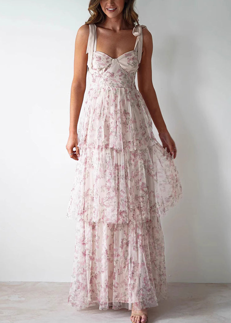 New Yellow Lace Up Print Chiffon Spaghetti Strap Dress Sleeveless