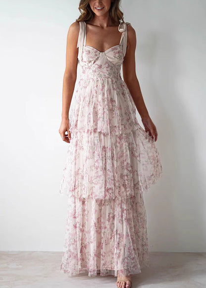 New Yellow Lace Up Print Chiffon Spaghetti Strap Dress Sleeveless