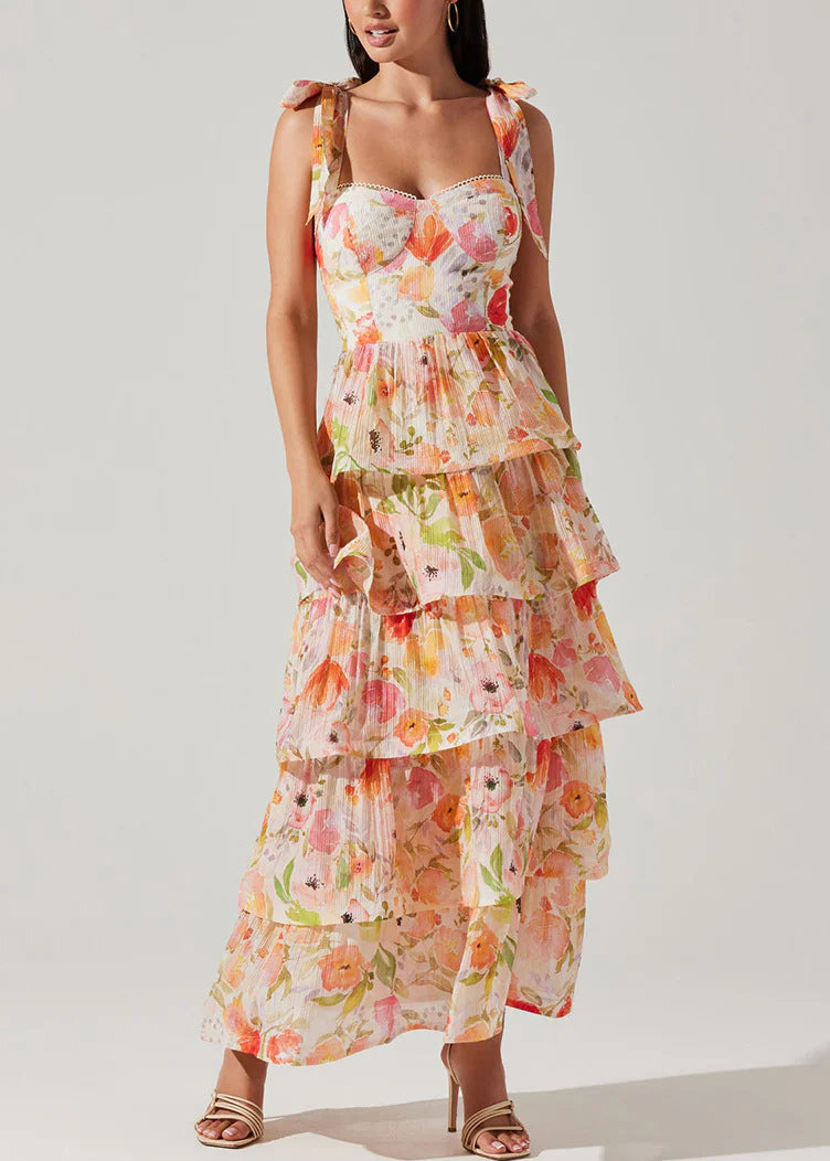 New Yellow Lace Up Print Chiffon Spaghetti Strap Dress Sleeveless