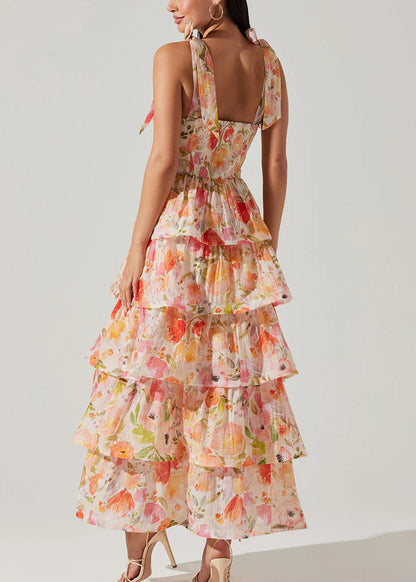 New Yellow Lace Up Print Chiffon Spaghetti Strap Dress Sleeveless