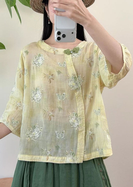 New Yellow O-Neck Embroidered Linen Blouse Top Summer