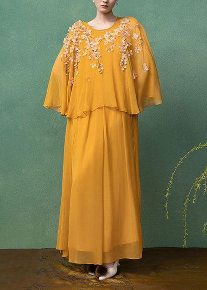 New Yellow O-Neck Petal Shawl And Dress Two-Piece Set Summer