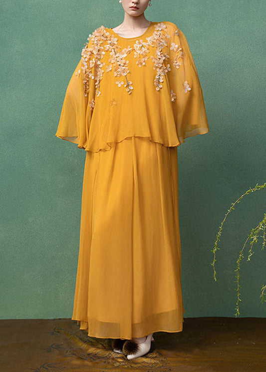 New Yellow O-Neck Petal Shawl And Dress Two-Piece Set Summer