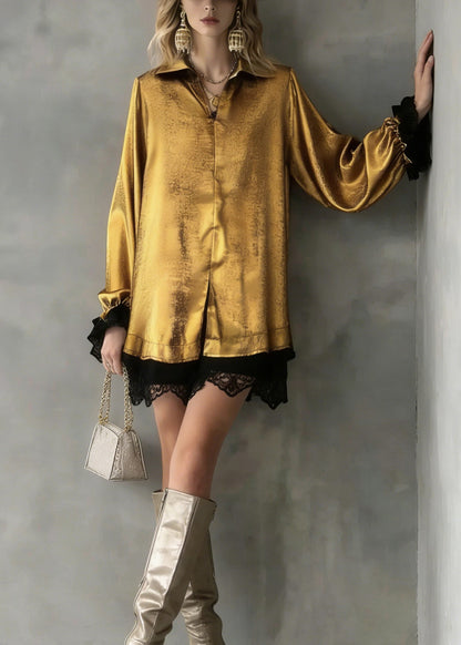 New Yellow Peter Pan Collar Lace Patchwork Silk Top Spring